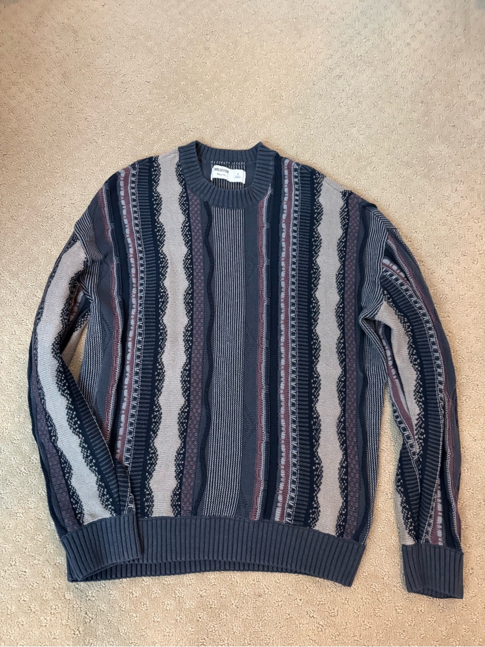 Hollister Men's Striped Crewneck Sweater - Navy, Gray & Maroon